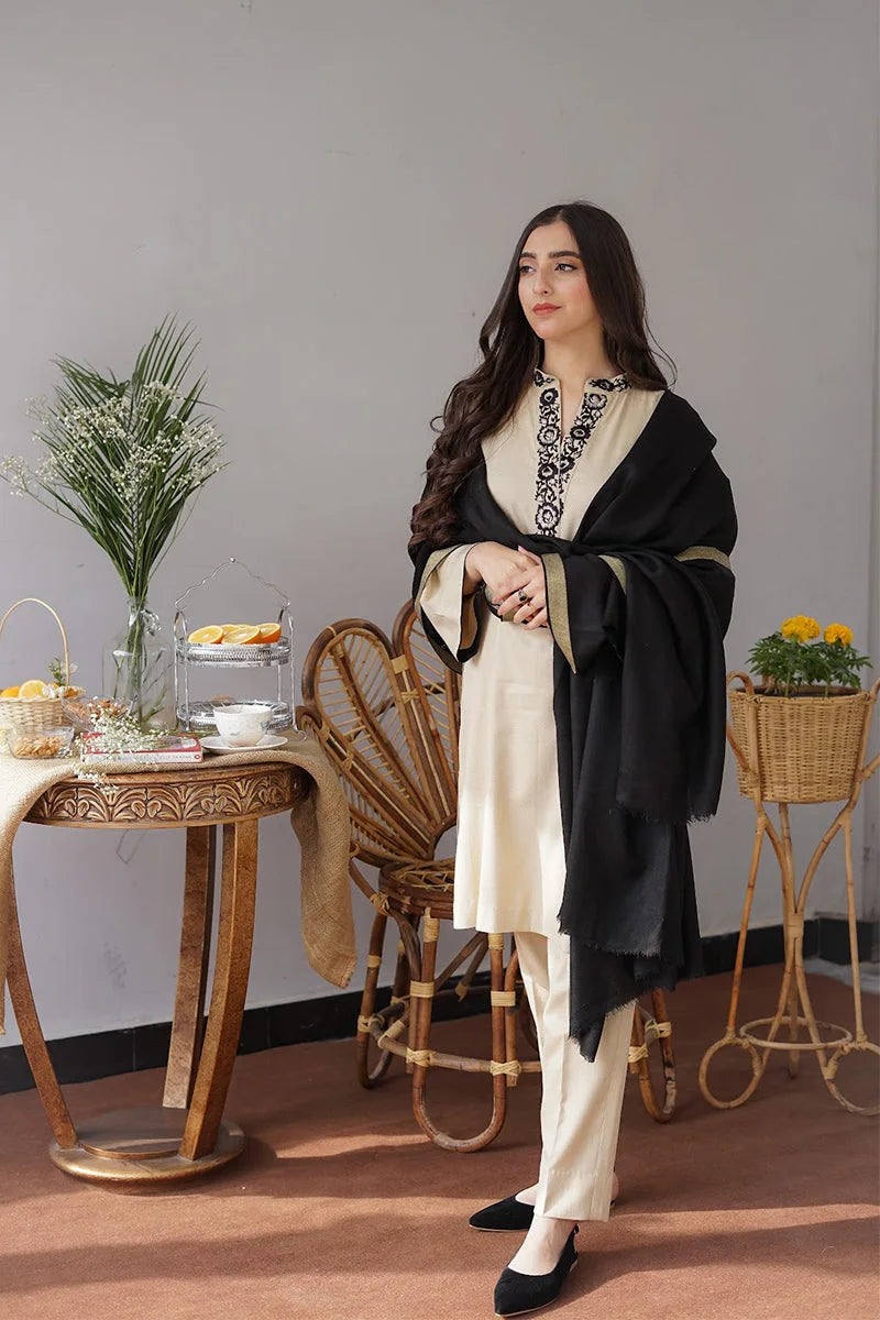 AISLING - 3PC Dhanak  Embroidered Shirt with Plain Wool Dupatta and Trouser - BFB0870
