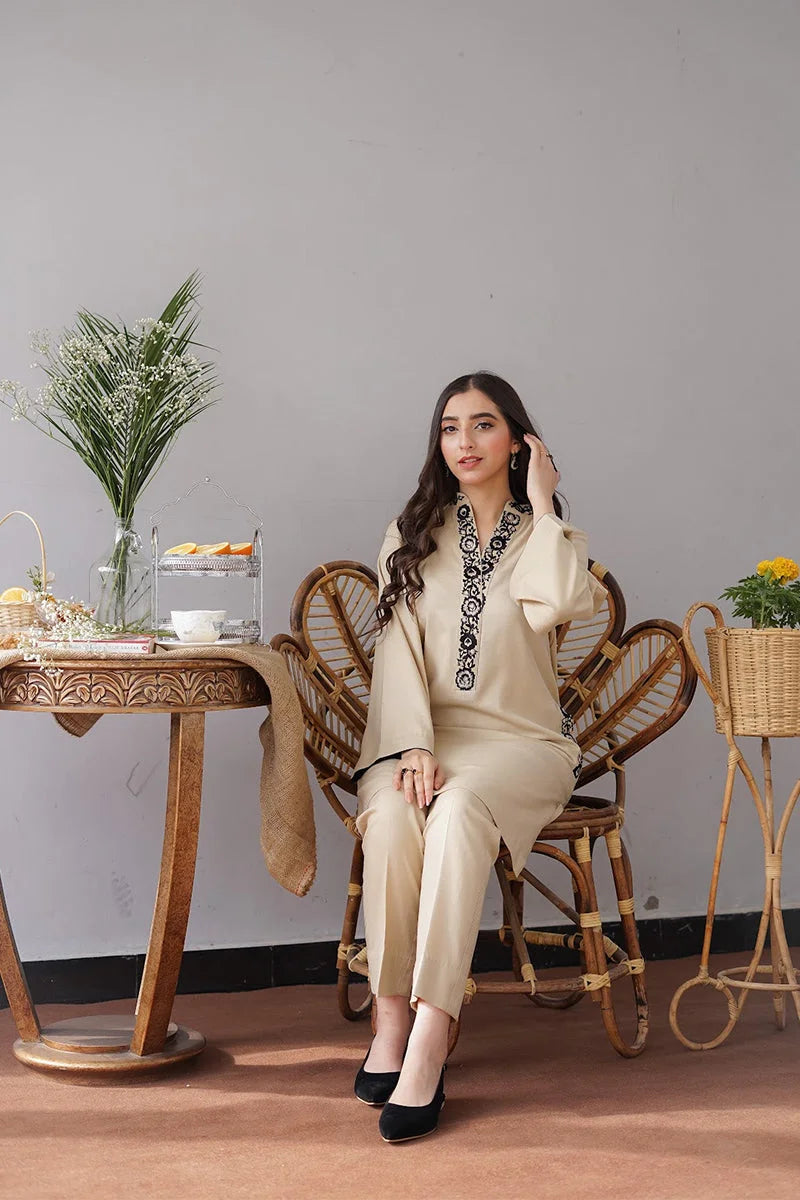 AISLING - 3PC Dhanak  Embroidered Shirt with Plain Wool Dupatta and Trouser - BFB0870