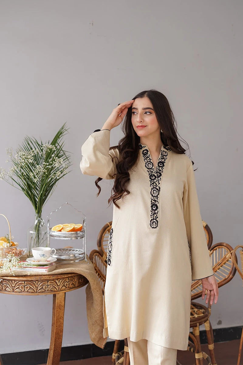 AISLING - 3PC Dhanak  Embroidered Shirt with Plain Wool Dupatta and Trouser - BFB0870