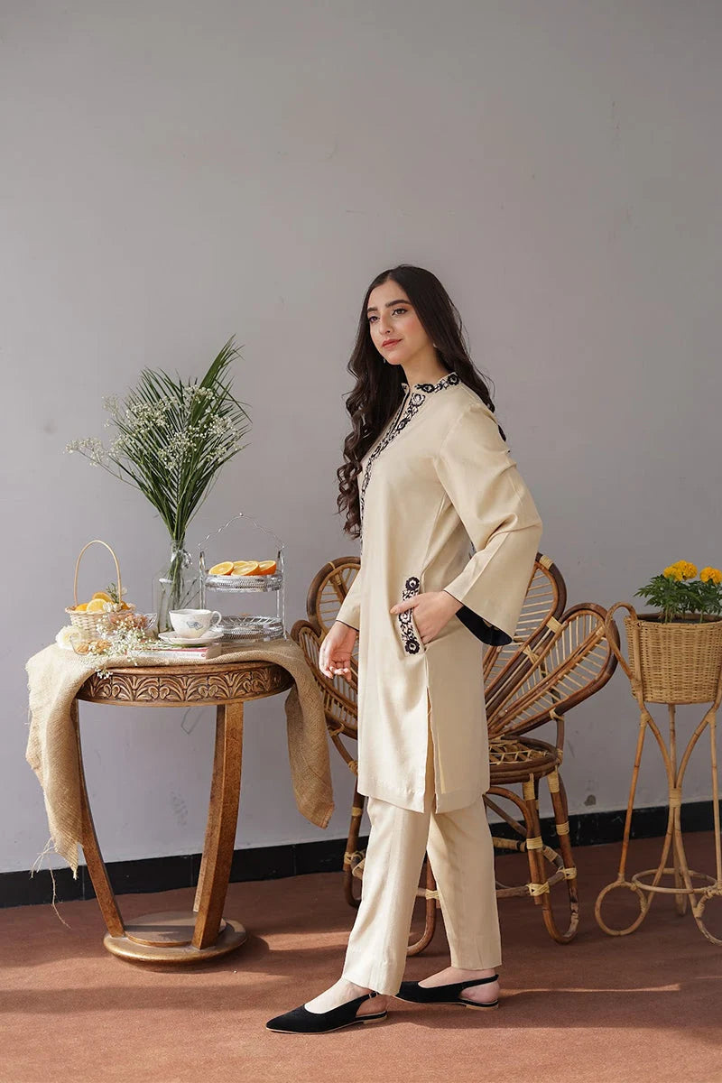 AISLING - 3PC Dhanak  Embroidered Shirt with Plain Wool Dupatta and Trouser - BFB0870