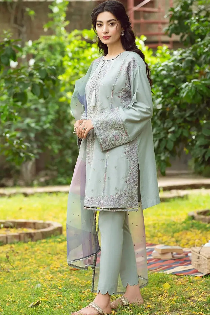 Jazmin - 3PC Dhanak  Embroidered Shirt with Organza Printed Dupatta and Trouser - BFB0884