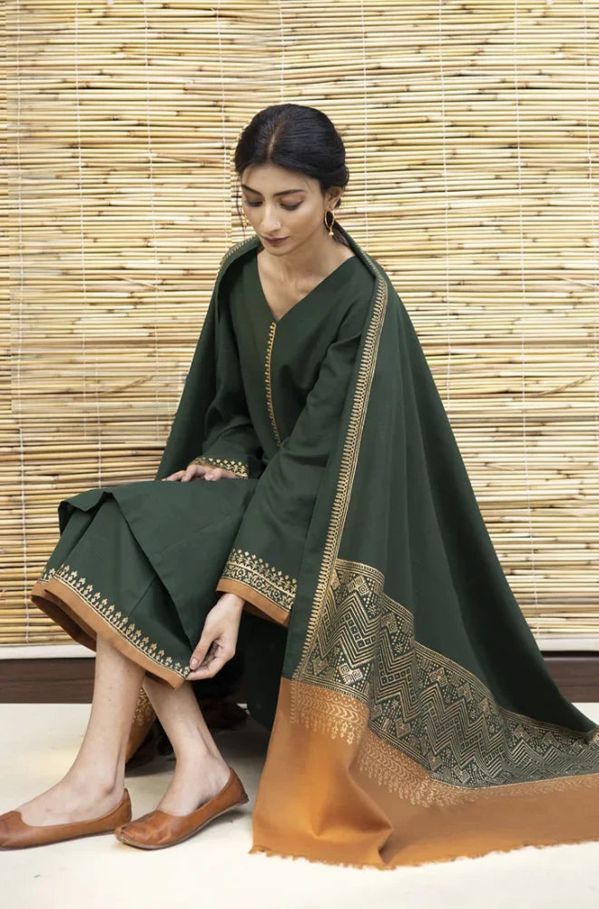 ZARPASH - 3PC Dhanak Embroidered Shirt With Wool Embroidered Dupatta and Trouser - BFB0875