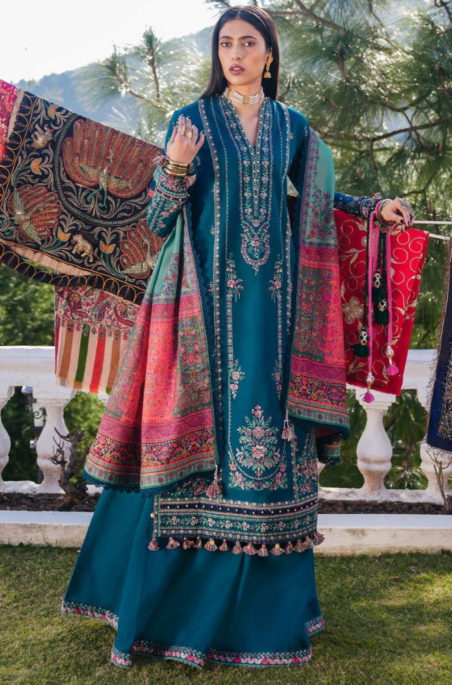 Hussain Rehar - 3PC Dhanak Embroidered Shirt With Wool Printed Dupatta and Trouser - BFB01004