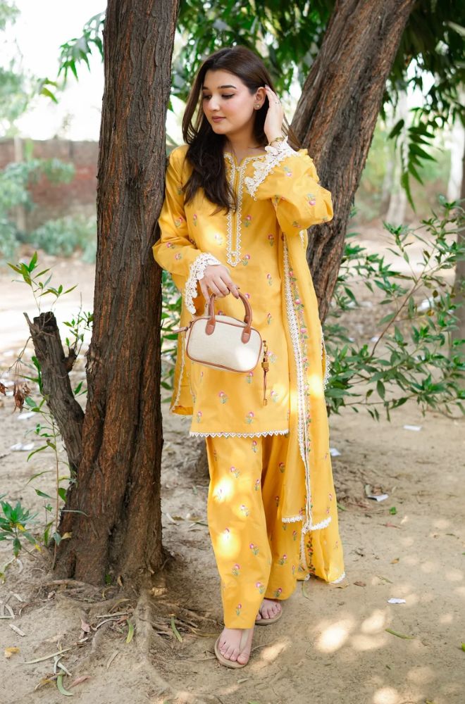 Stitched 3Pcs Embroidered Lawn Suit – RTW057 - Stitched | BlueFery