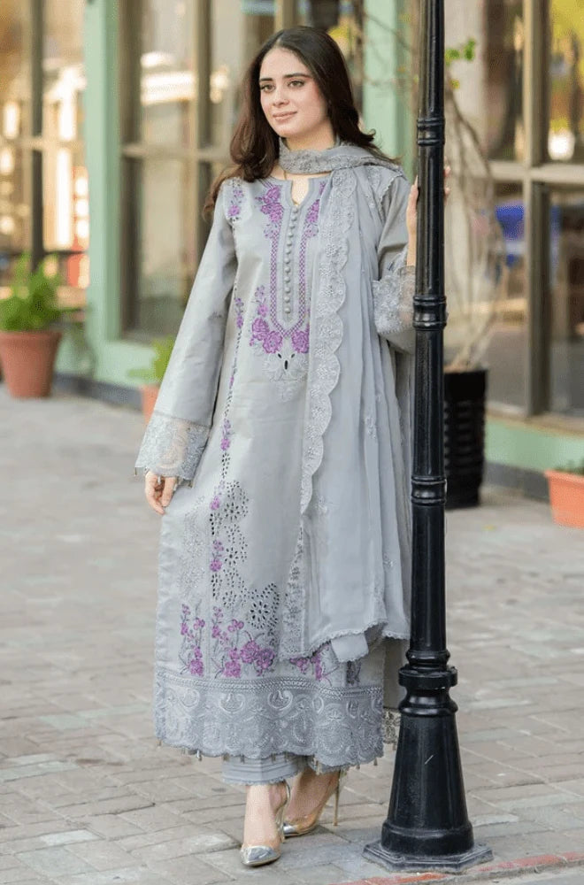 Mushq - 3PC Dhanak Chikankari Embroidered Shirt With Chiffon Embroidered Dupatta and Trouser - BFB01056