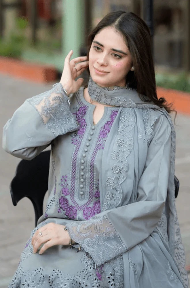 Mushq - 3PC Dhanak Chikankari Embroidered Shirt With Chiffon Embroidered Dupatta and Trouser - BFB01056