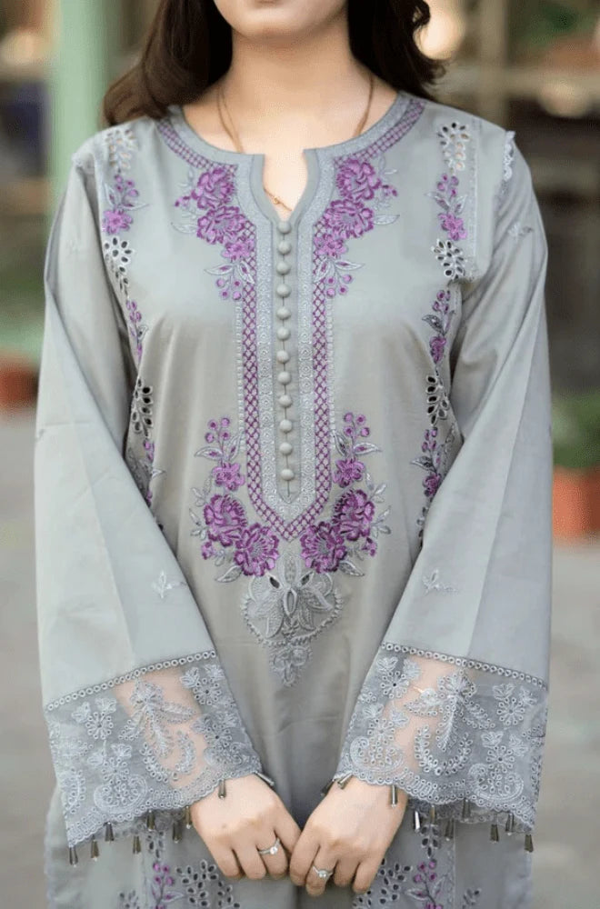 MUSHQ - 3PC Lawn Chikankari Embroidered Shirt with Chiffon Embroidered Dupatta and Trouser – RTW003