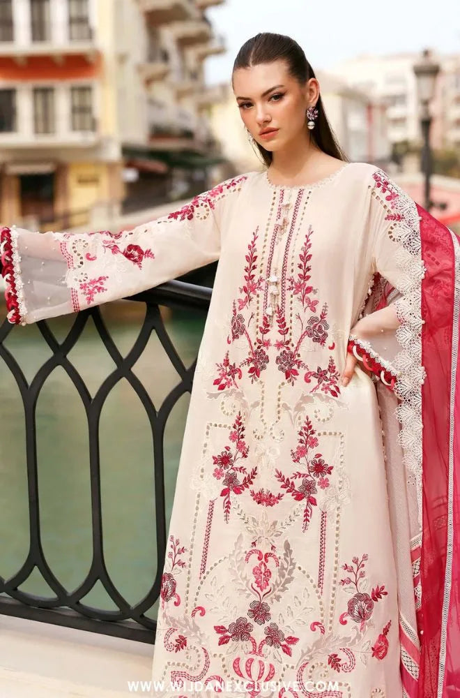 MARIA B - 3PC Lawn Chikankari Embroidered Suit with digital printed silk dupatta and Trouser - BFB0727