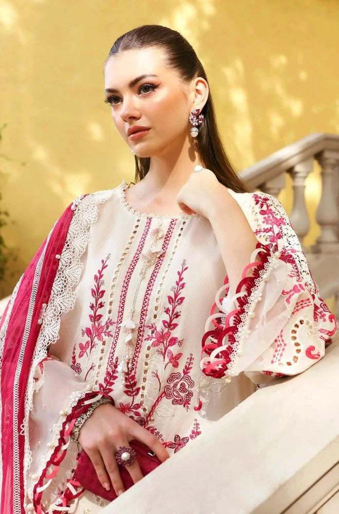 MARIA B - 3PC Lawn Chikankari Embroidered Suit with digital printed silk dupatta and Trouser - BFB0727