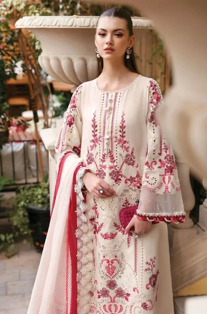 MARIA B - 3PC Lawn Chikankari Embroidered Suit with digital printed silk dupatta and Trouser - BFB0727