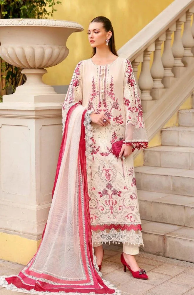 MARIA B - 3PC Lawn Chikankari Embroidered Suit with digital printed silk dupatta and Trouser - BFB0727