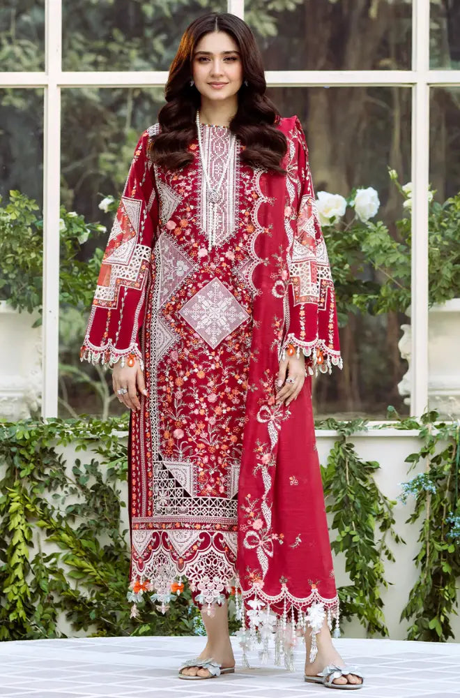 BIN ILYAS -3PC Lawn Chikankari Embroidered Shirt with Chiffon Embroidered Dupatta and Trouser - BFB0651