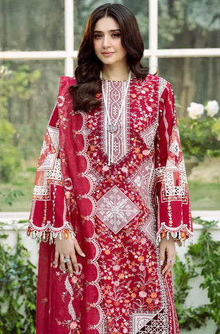 BIN ILYAS -3PC Lawn Chikankari Embroidered Shirt with Chiffon Embroidered Dupatta and Trouser - BFB0651