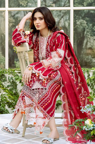 BIN ILYAS -3PC Lawn Chikankari Embroidered Shirt with Chiffon Embroidered Dupatta and Trouser - BFB0651