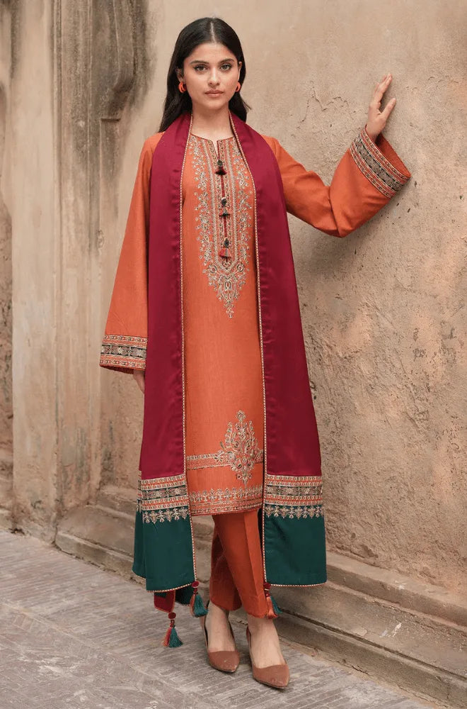 Jazmin - 3PC Dhanak Embroidered Shirt With Wool Printed Dupatta and Trouser - BFB01055
