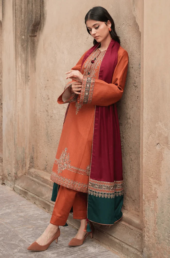 Jazmin - 3PC Dhanak Embroidered Shirt With Wool Printed Dupatta and Trouser - BFB01055