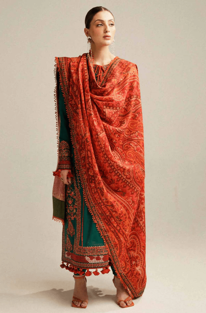 HUSSAIN REHAR - 3PC Dhanak Embroidered Shirt with Dhanak Printed Dupatta and Trouser - BFB0994