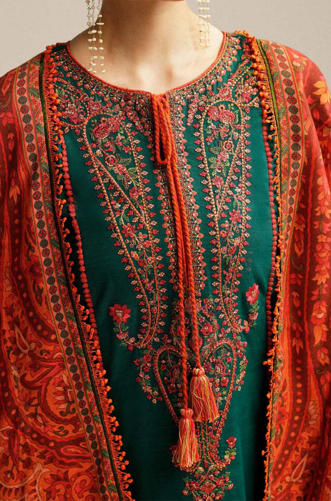 HUSSAIN REHAR - 3PC Dhanak Embroidered Shirt with Dhanak Printed Dupatta and Trouser - BFB0994