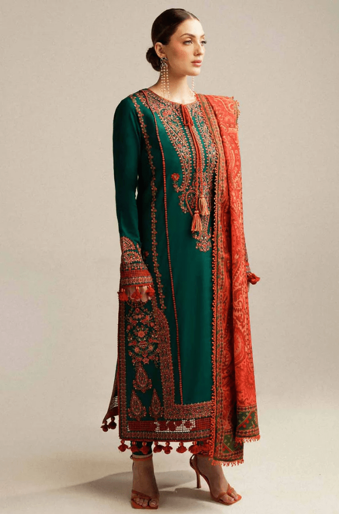 HUSSAIN REHAR - 3PC Dhanak Embroidered Shirt with Dhanak Printed Dupatta and Trouser - BFB0994