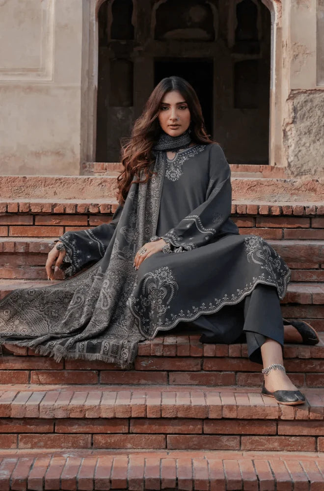Izel Apparel - 3PC Dhanak Embroidered Shirt With Wool Printed Dupatta and Trouser - BFB01137