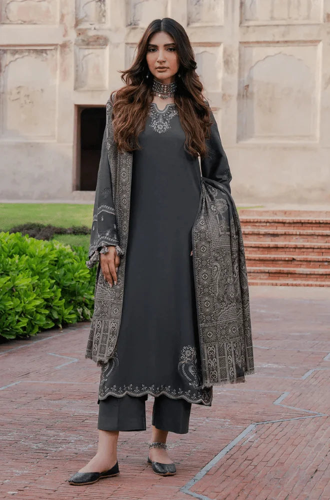 Izel Apparel - 3PC Dhanak Embroidered Shirt With Wool Printed Dupatta and Trouser - BFB01137