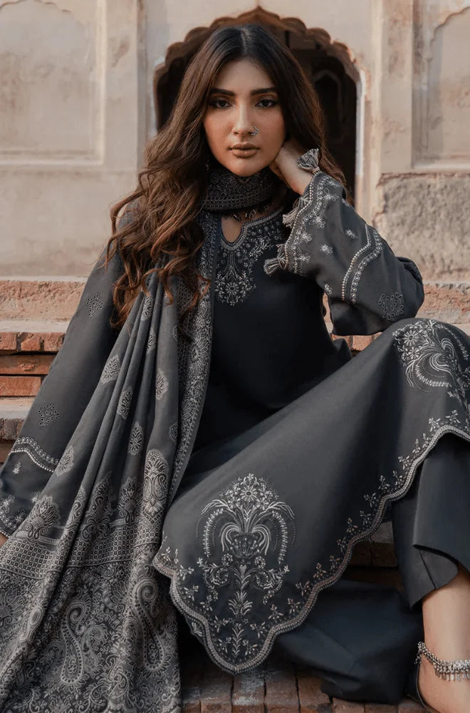 Izel Apparel - 3PC Dhanak Embroidered Shirt With Wool Printed Dupatta and Trouser - BFB01137