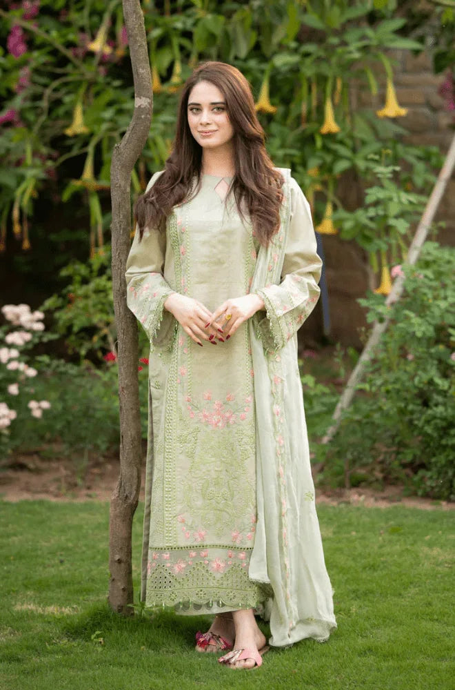 MUSHQ - 3PC Dhanak Chikankari Embroidered Shirt with Chiffon Embroidered Dupatta and Trouser - BFB01037