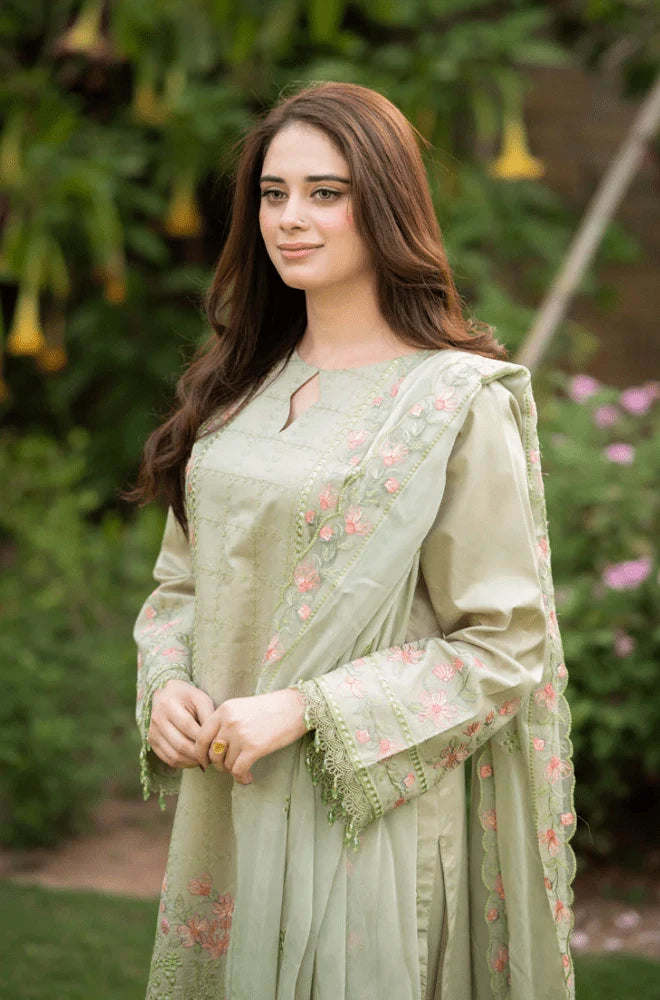 MUSHQ - 3PC Dhanak Chikankari Embroidered Shirt with Chiffon Embroidered Dupatta and Trouser - BFB01037