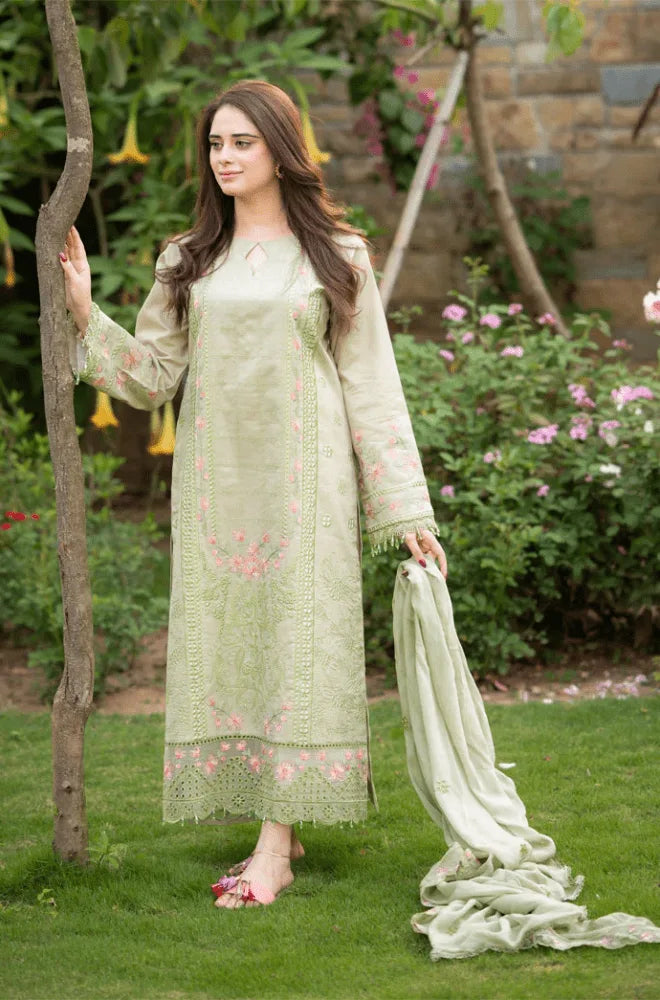 MUSHQ - 3PC Dhanak Chikankari Embroidered Shirt with Chiffon Embroidered Dupatta and Trouser - BFB01037