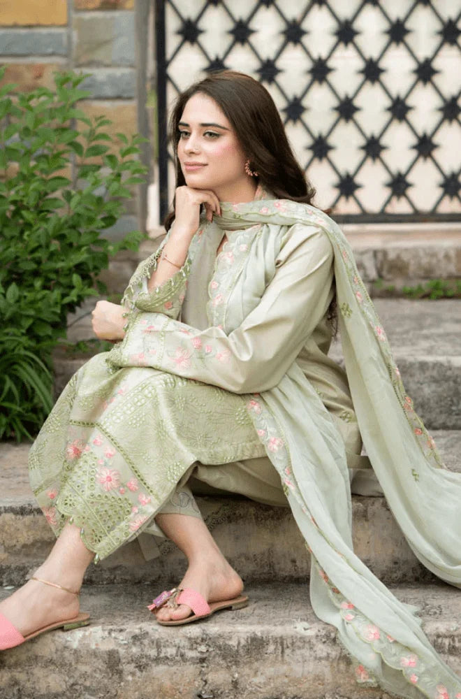 MUSHQ - 3PC Dhanak Chikankari Embroidered Shirt with Chiffon Embroidered Dupatta and Trouser - BFB01037
