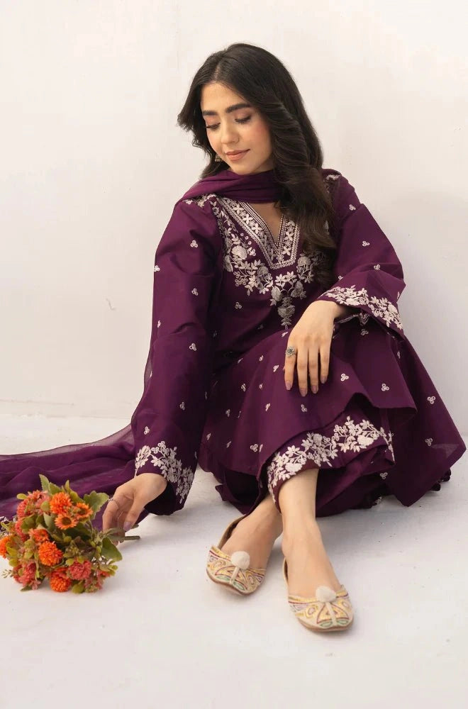 3PC Dhanak Embroidered Shirt with Chiffon Embroidered Dupatta and Trouser - BFB0424