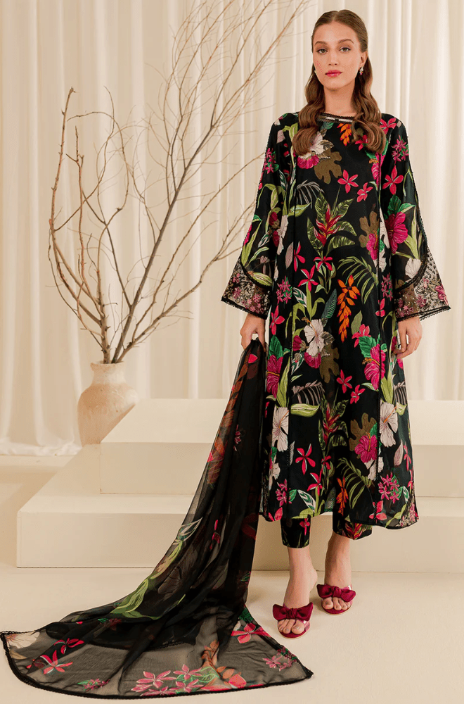 Winter 3PC Black Khaddar Digital Printed Dress - BFU0457 - | BlueFery