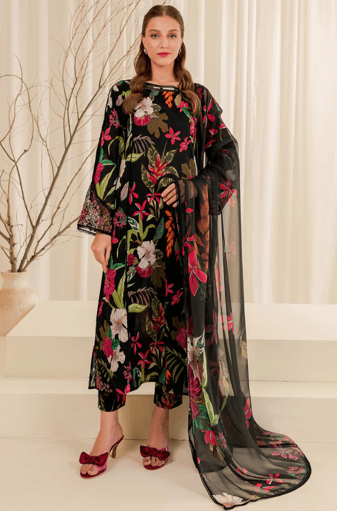 Winter 3PC Black Khaddar Digital Printed Dress - BFU0457 - | BlueFery