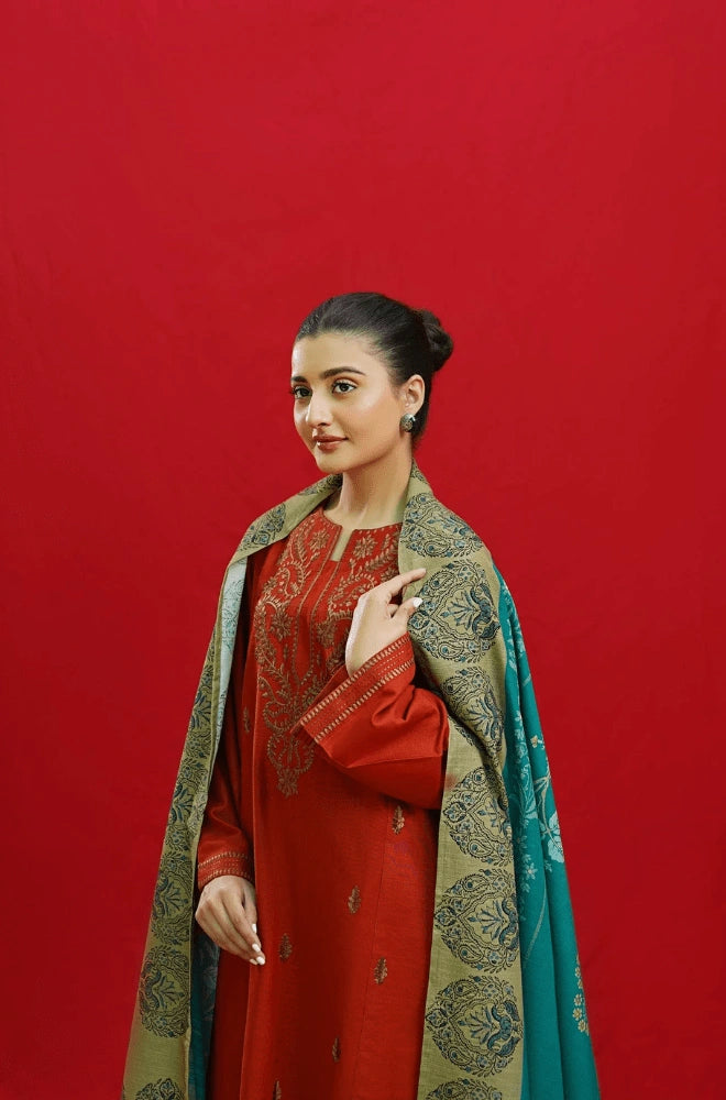 3PC Dhanak Embroidered Shirt with Wool Printed Dupatta and Trouser - BFB0212