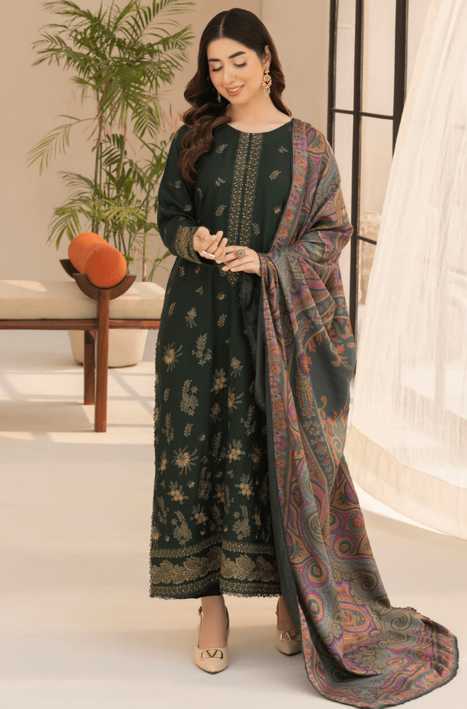 Winter 3PC Dhanak Embroidered Suit - BFB0415 - | BlueFery