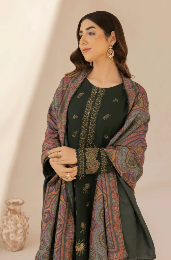 3PC Dhanak Embroidered Shirt with Wool Printed Dupatta and Trouser - BFB0415
