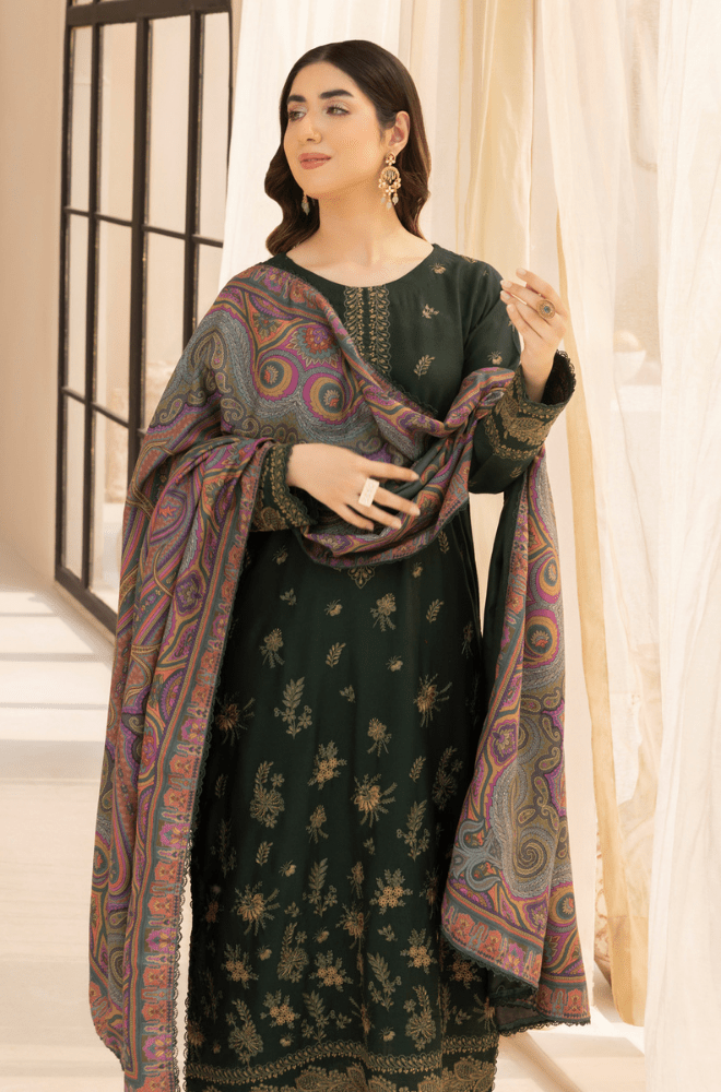 Winter 3PC Dhanak Embroidered Suit - BFB0415 - | BlueFery