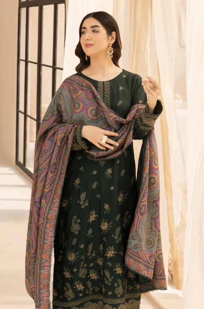 3PC Dhanak Embroidered Shirt with Wool Printed Dupatta and Trouser - BFB0415