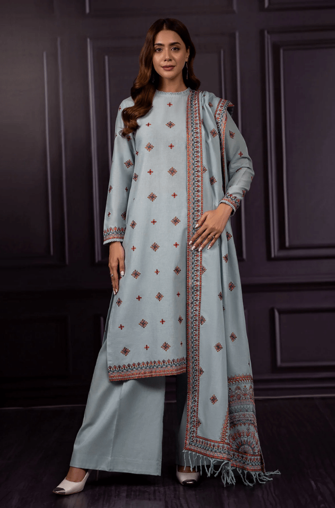 Winter 3PC Dhanak Embroidered Suit - BFB0448 - | BlueFery