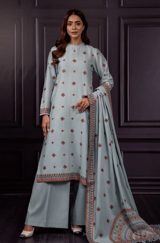 Winter 3PC Dhanak Embroidered Suit - BFB0448 - | BlueFery
