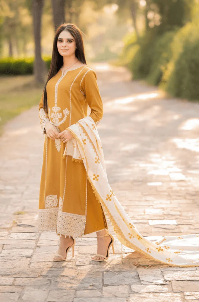 MARIA.B - 3PC Dhanak Embroidered Shirt with Dhanak Embroidered Dupatta and Trouser- BFB0455