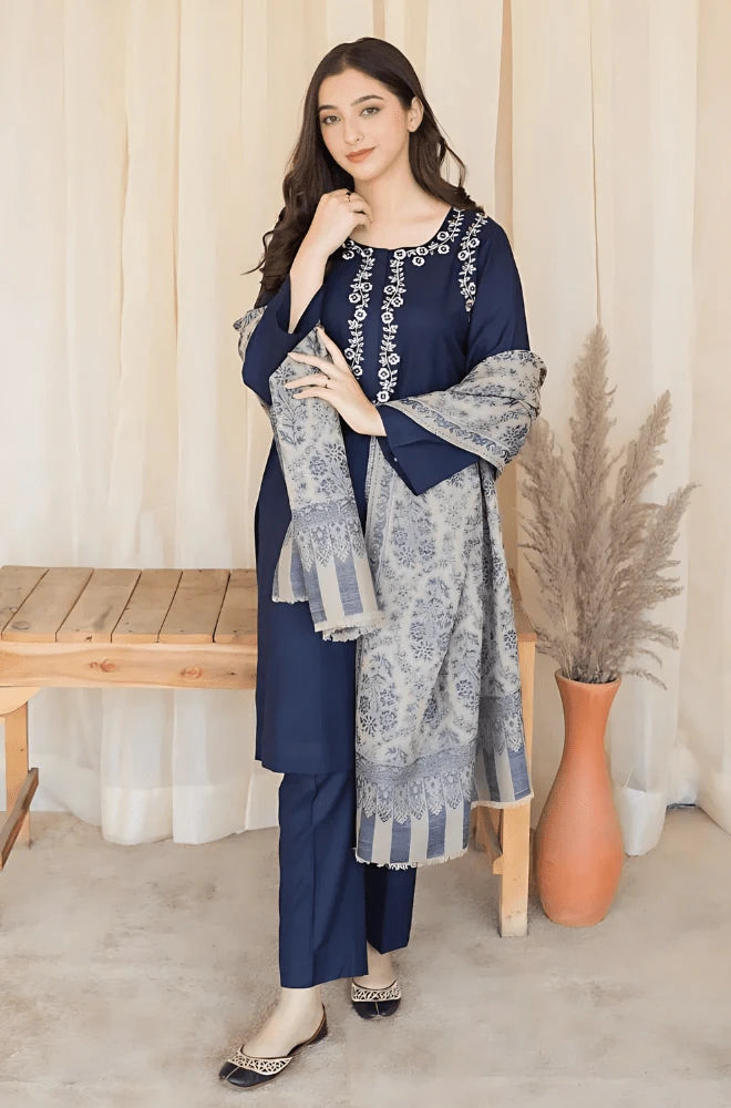 Aisling - 3PC Dhanak Embroidered Shirt With Wool Printed Dupatta and Trouser - BFB0879