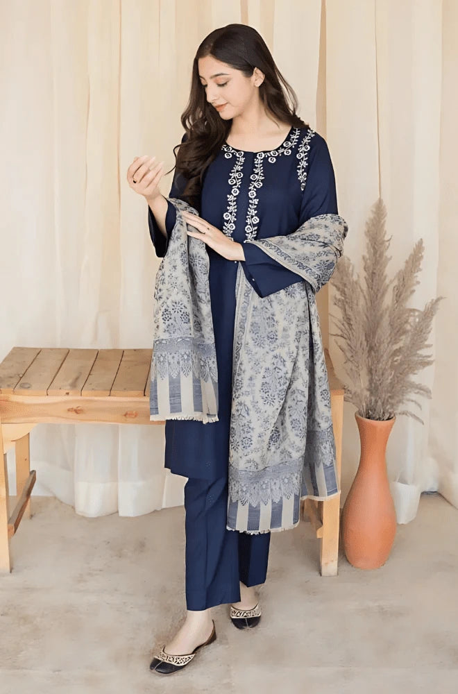 Aisling - 3PC Dhanak Embroidered Shirt With Wool Printed Dupatta and Trouser - BFB0879