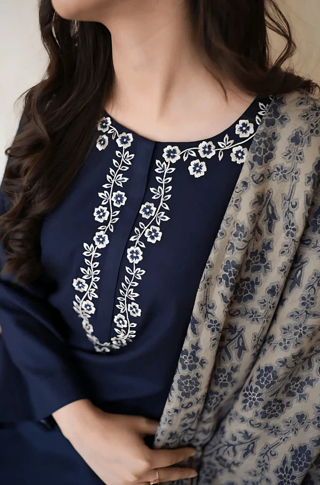 Aisling - 3PC Dhanak Embroidered Shirt With Wool Printed Dupatta and Trouser - BFB0879