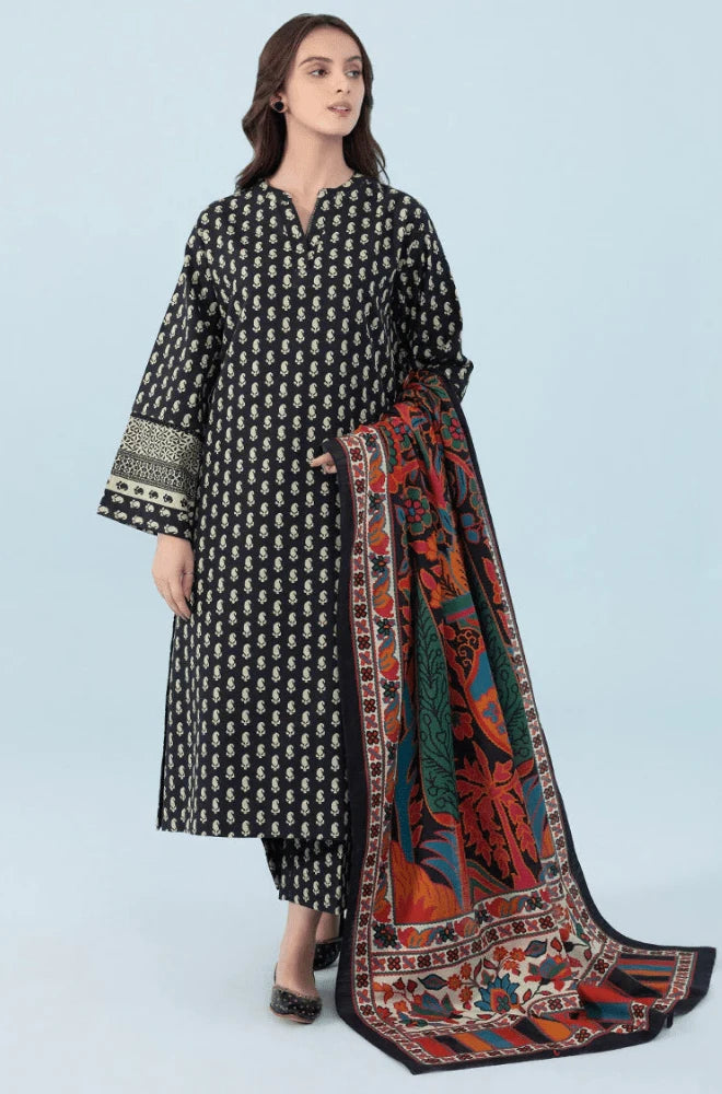 Stitched 3PC Khaddar Embroidered Shirt with Khaddar Printed Dupatta and Trouser – RTW015